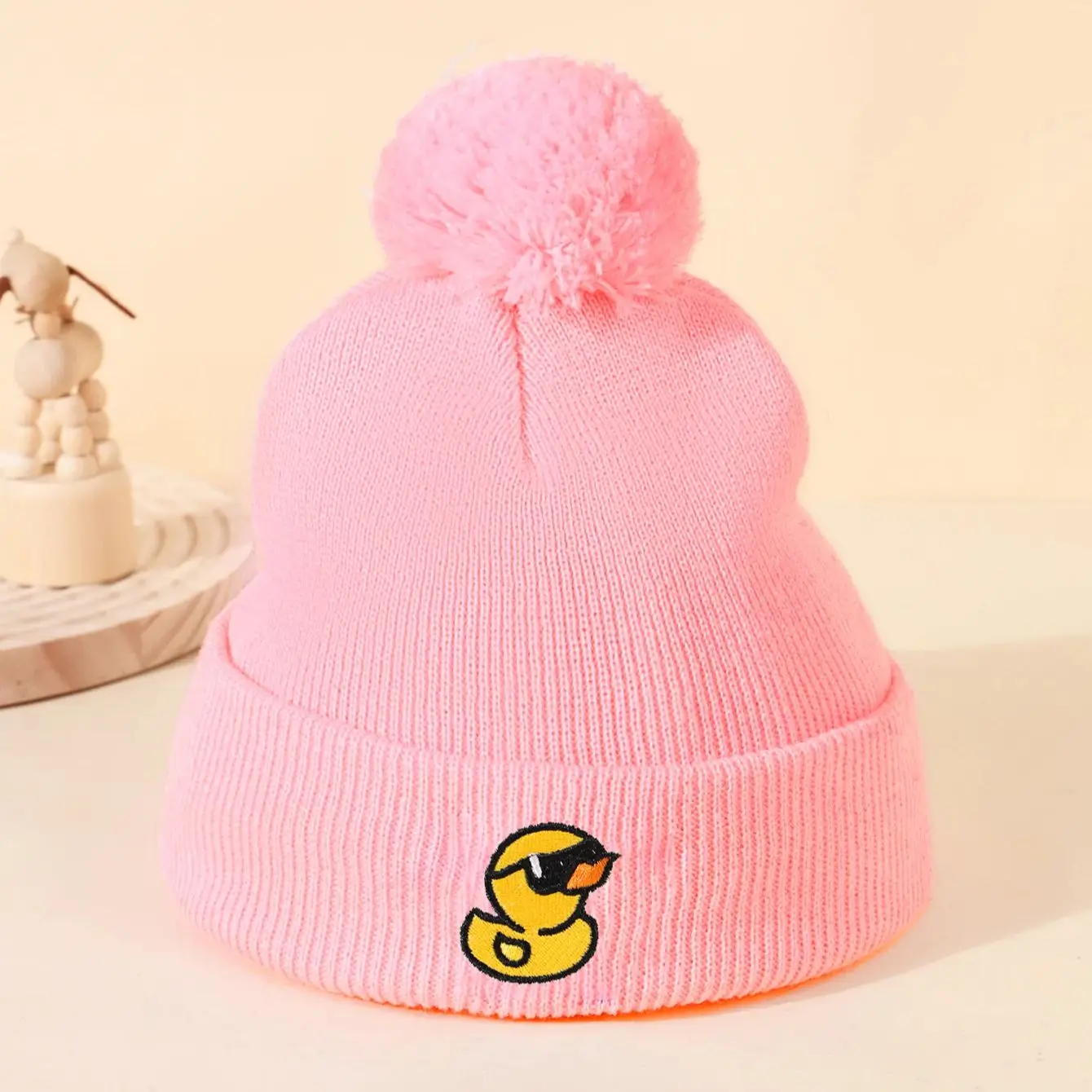 1pc Kids' Beanie Hats with Pom-Pom and Embroidered Cute Duck-Stretch Fit Knit Caps for Boys, Suitable for Outdoor