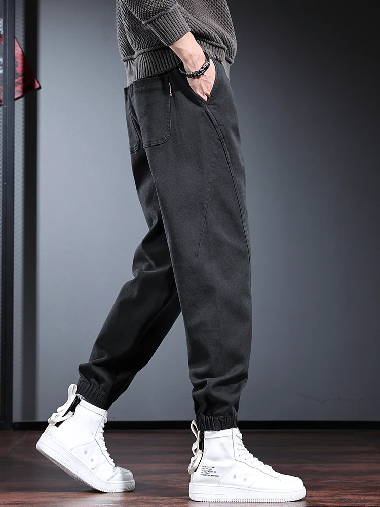 Autumn Cotton Baggy Pants Men Casual Sport Dark Gray Elastic Waist Jogging Trousers