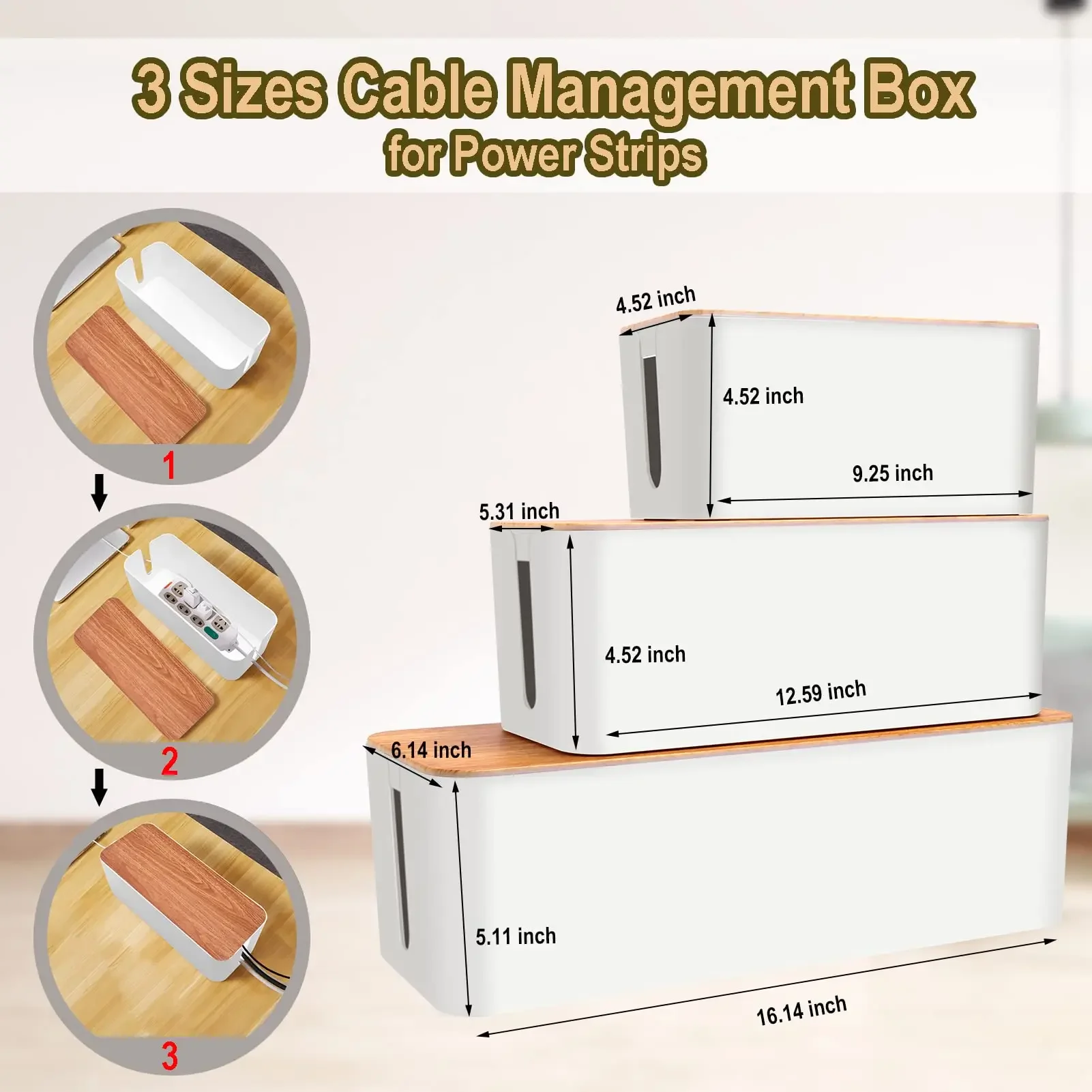 Cable Management Box, Cable Storage Box, Dustproof Wire Storage Box, Plastic Storage Box with Bamboo for TV Wires, USB Hub 5