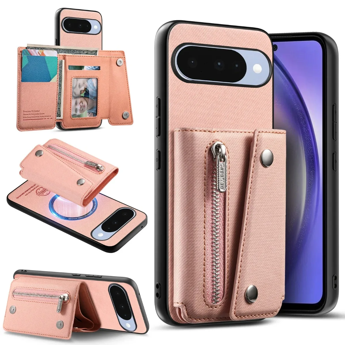 Versatile Magnetic Wallet Phone Case with Card Holder & Zipper Pocket