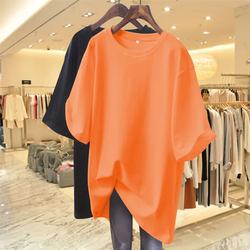 Women Crew Neck Tops Summer Short Sleeve Pure Cotton Casual Simple Loose T-shirt Lady Clothing Basics Solid Color M-6XL Pullover