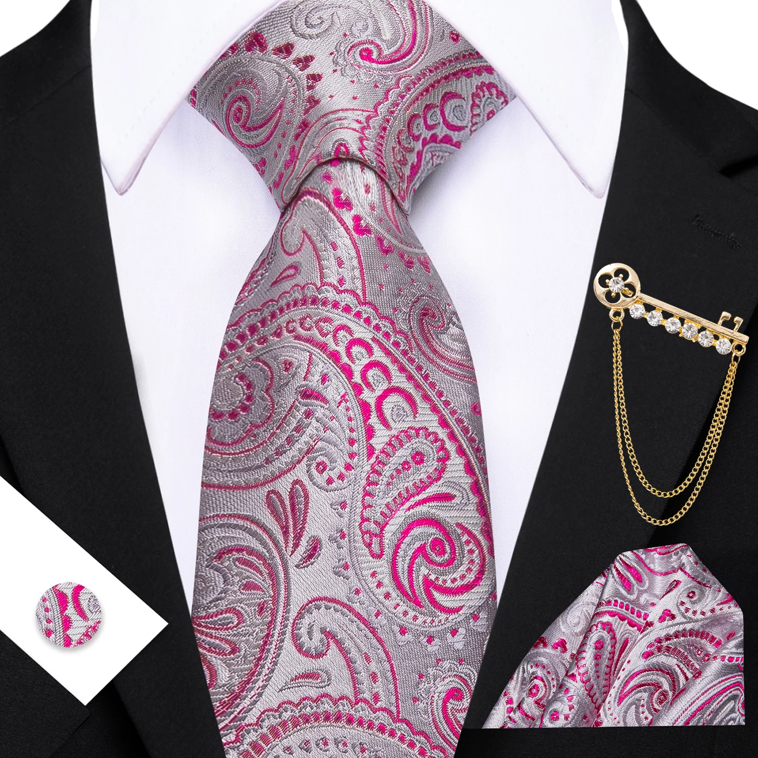 Klassisches Krawatten-Set für Herren mit Blumenmuster, Grau, Rosa, Königsblau, passender Einstecktuch und Manschettenknöpfe, lässige Krawatten-Accessoires – Detail 4