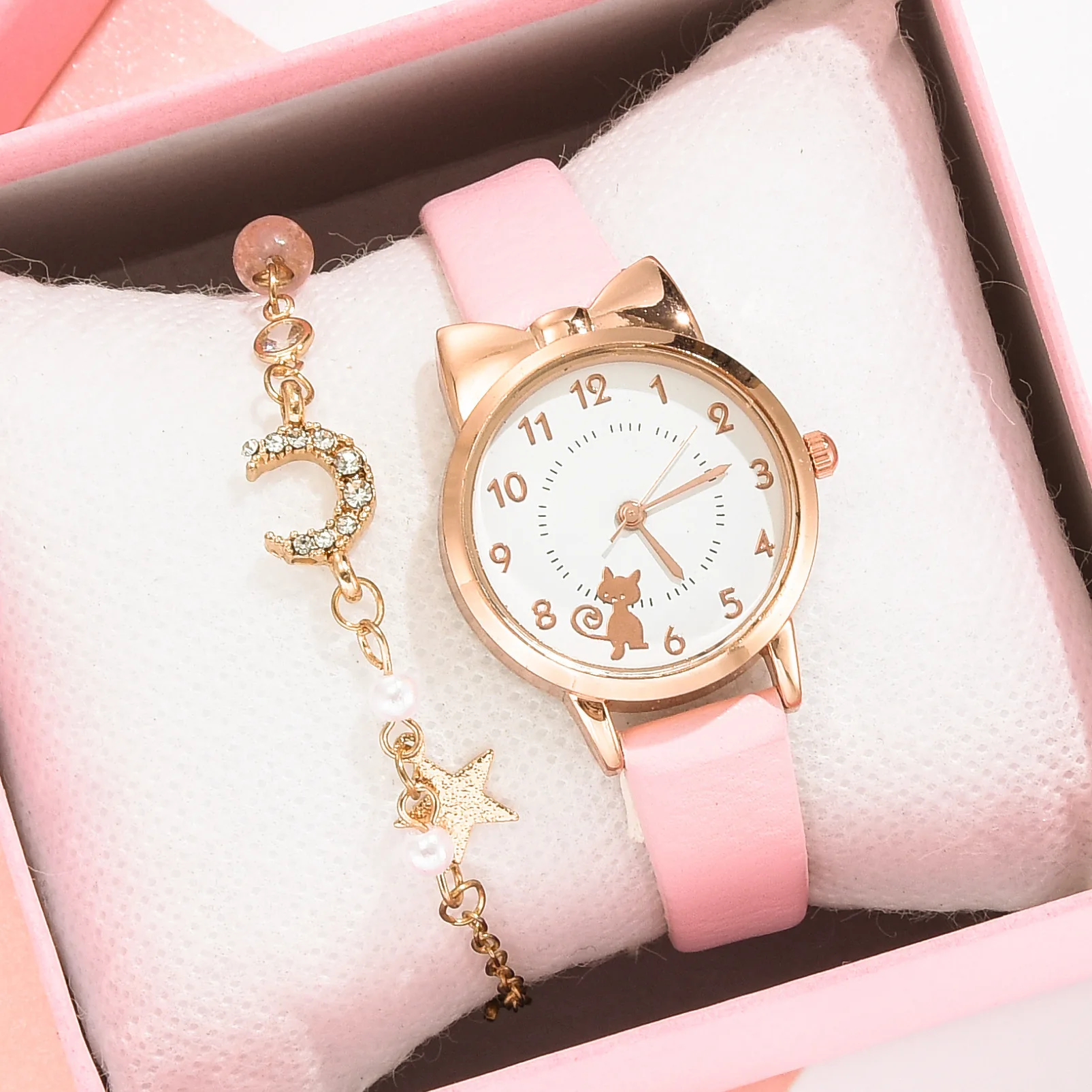 

2pcs/set Fashionable and Trendy Cute Ears Kitty Dial Belt Quartz Watch + Flower Bracelet Watch Relojes De Mujer
