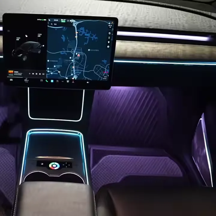 Tesla Model 3/Y 용 맞춤형 대시 보드 LED 스트립 조명 방수 다색 주변 조명 음성 제어 DIY 모드 자동