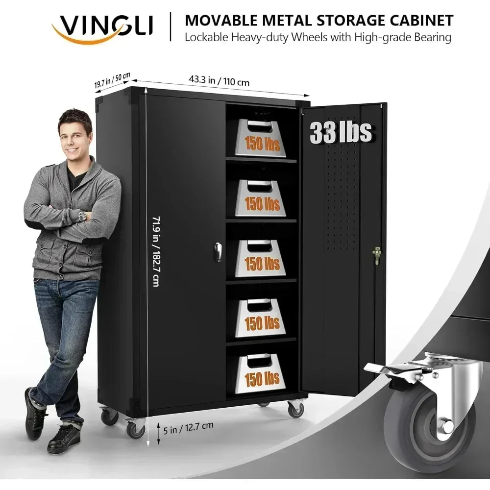 43 W x 20 D x 72H Garage Storage Cabinet, Metal Storage Cabinet with Pegboards, Wheels, Locking Doors and Adjustable Shelves 2