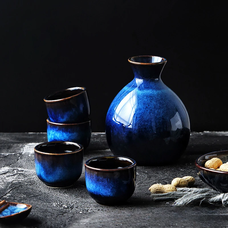 Japanese Sake Set Ceramic Blue Wine Cup Pot Tableware Retro Home Shochu Pot 1 4 Cups Set Tableware Barware Accessories