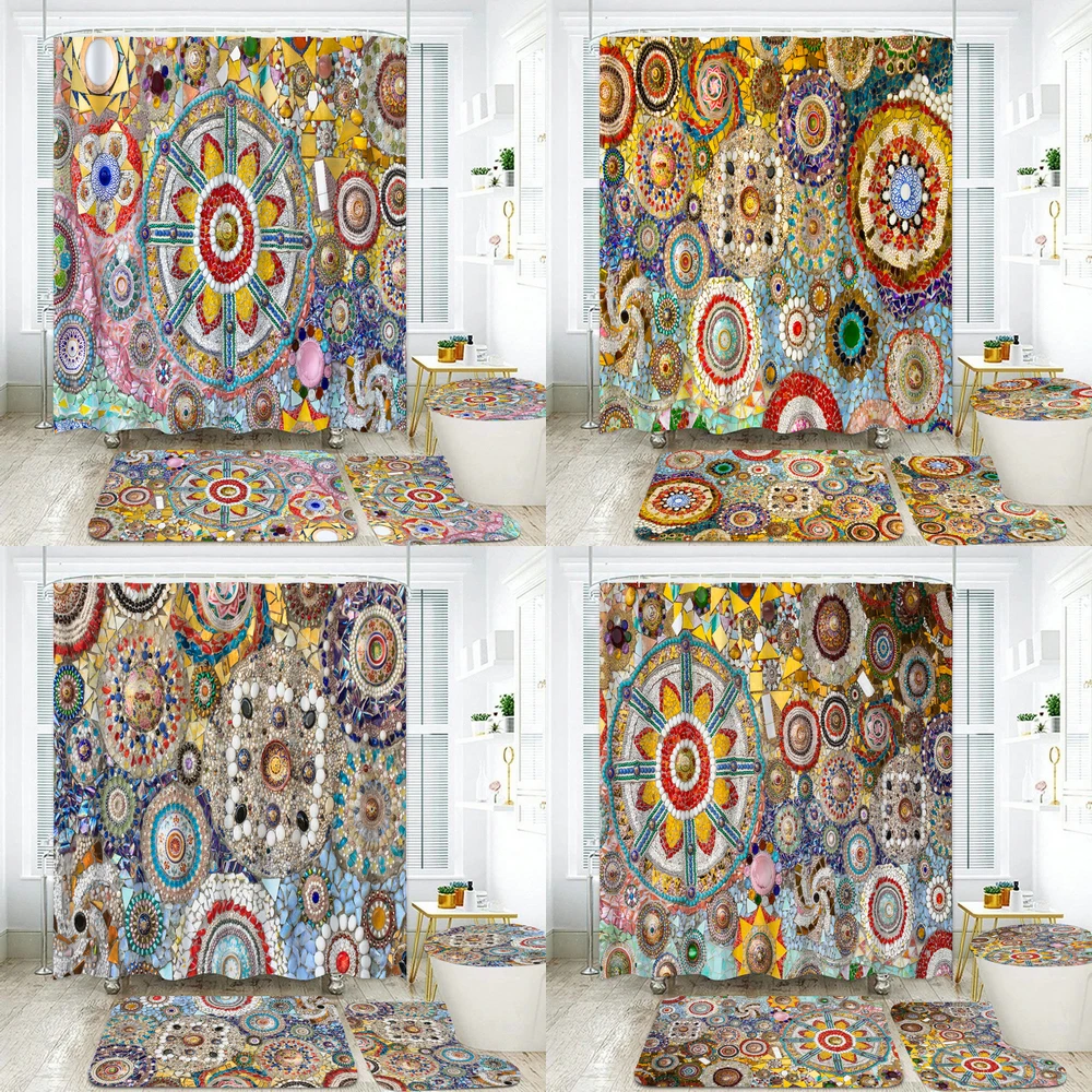 

Bohemian style Bathroom Curtains Set Color Mosaic Boho Polyester Shower Curtain Sets Bath Mat Rugs Toilet Lid Cover Home Decor