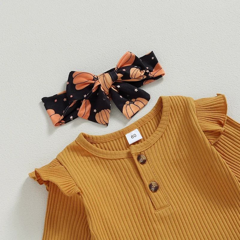 

Toddler Baby Girl Long Sleeve Ruffle Ribbed Romper Floral Print Flare Pants Bell Bottoms Outfit Fall Winter Clothes