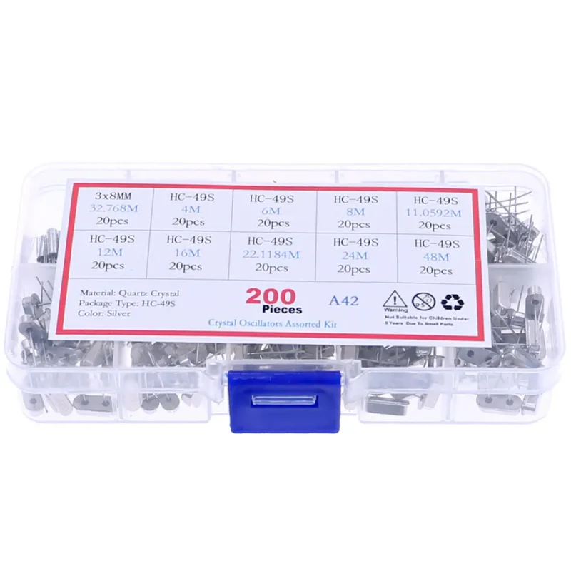 200pcs 10Values HC-49S Quartz Resonator DIP Oscillator Assorted Kit 4MHz 6MHz 8MHz 12MHz 16MHz 24MHz 25MHz 48MHz 2Pin