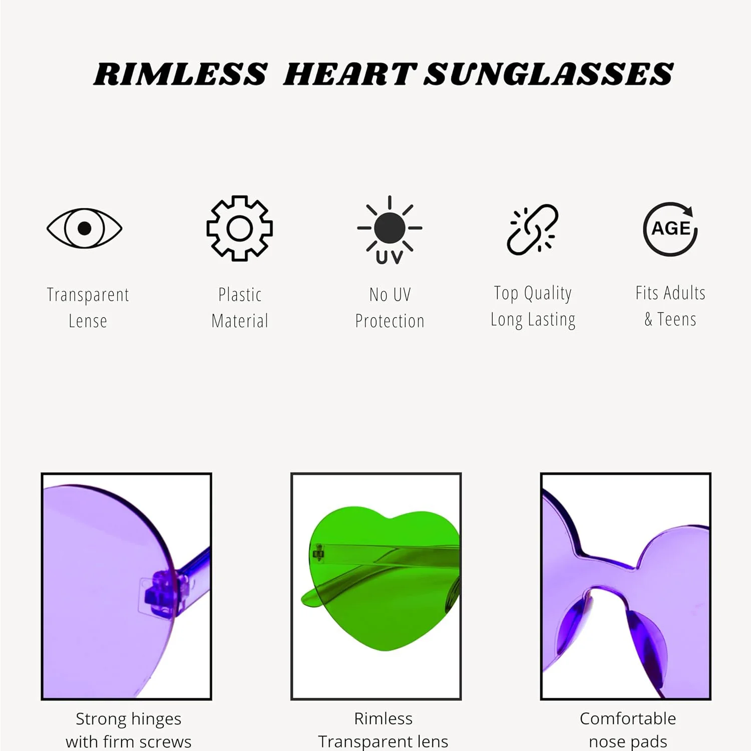 2 Pcs Mardi Gras Heart Shaped Sunglasses for Women & Men Party Outfit Accessories Trendy Rimless