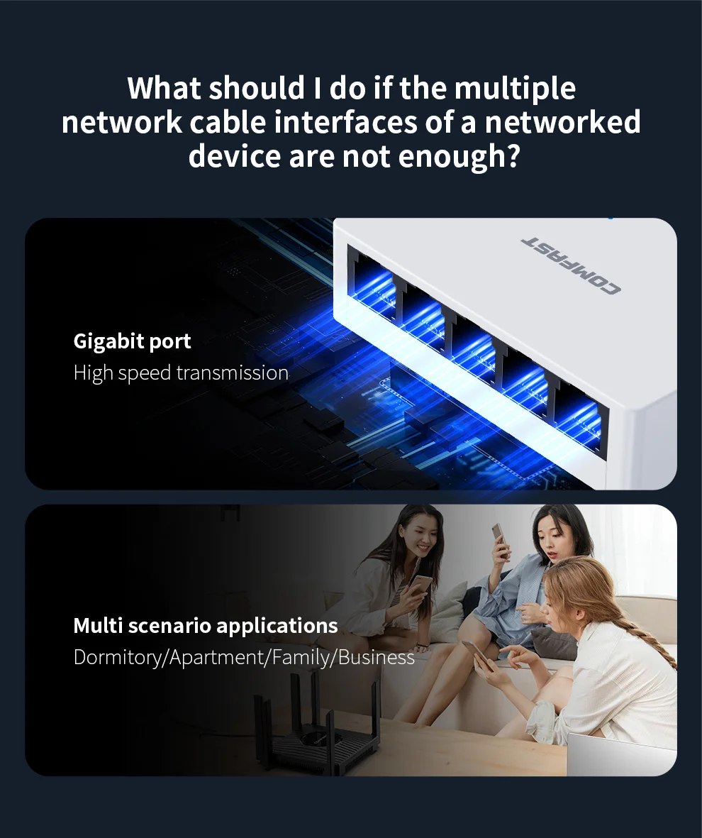COMFAST 휴대용 플러그 앤 플레이 스위치, 5 포트 기가비트 이더넷 스위치, 2K 자동 MDI/MDIX, 1000Mbps 고속 변속기, IEEE 802.3x