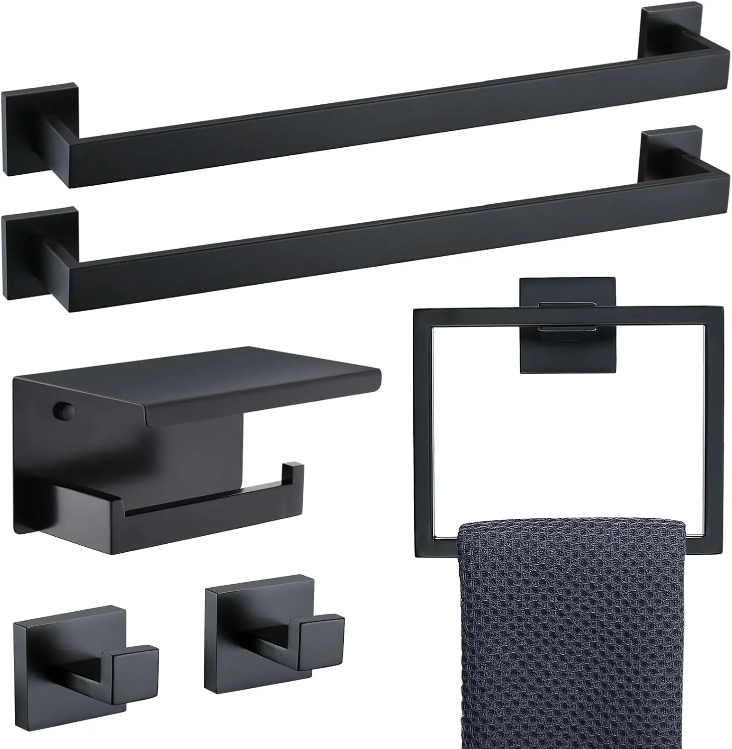 TNOMS 6-Piece Black Bathroom Hardware Set 23.6 Inch Towel Bar Set Double Towel Bar Towel Ring Coat Hook and Toilet Paper Holder