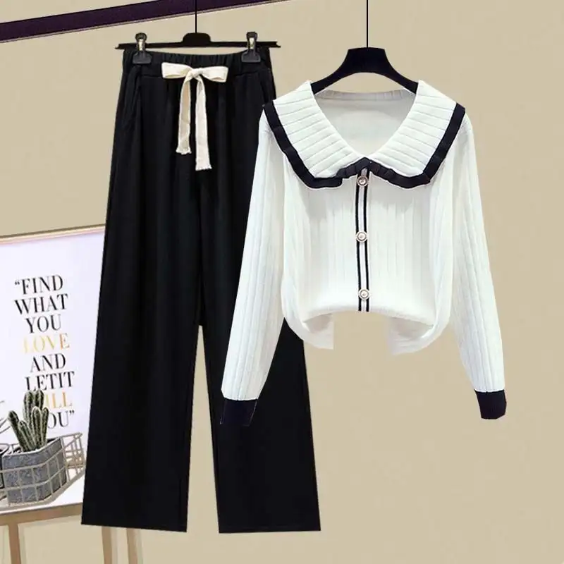 2025 Spring Korean Fashion Knitwear Sweater Wide Leg Pants Two Piece Set Women's Casual Sweatshirts High Waist Trousers Suits - Image 17