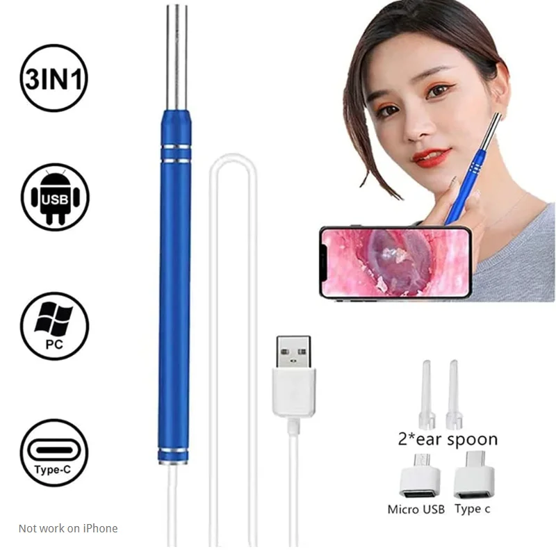 3 in 1 USB 5.5MM HD Visual Ear Endoscope Veterinary Otoscope Ear Wax Cleaning Inspection Camera Tools for Android Phone PC