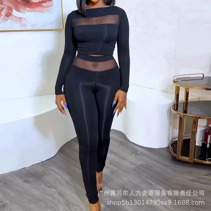 

Wepbel See-through Mesh Tops Women Patchwork Autumn Skinny Pants Sets Sexy Body-Hugging Suit Trousers Black Tops Pants