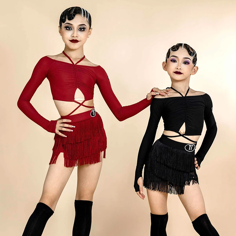 

Off-Shoulder Latin Dance Dress Girls Competition Costume Rumba Dancing Performance Wear Long Sleeve Practice CLothes DL11614