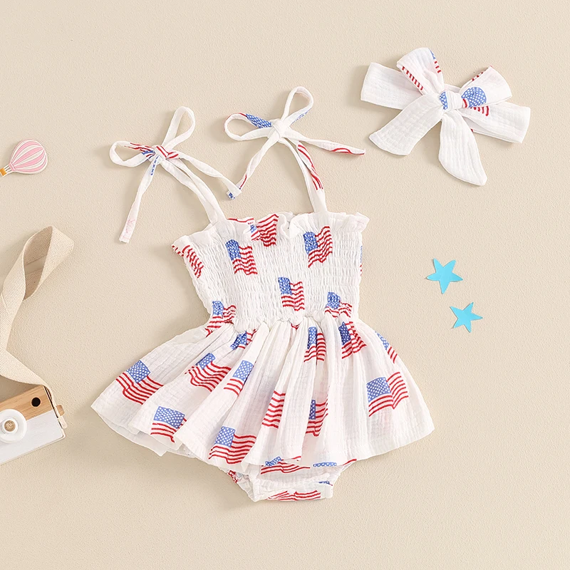 

Kupretty Newborn Baby Girl 4th of July Outfits My First Fourth of July Romper Ruffle Sleeve Backless Jumpsuit Headband Set