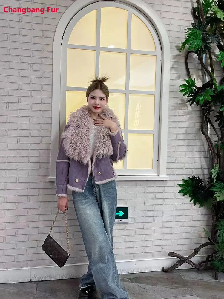 

Winter Women's Fur, Natural Rabbit Skin Lining, Sheepskin Collar Jacket, Women's Leather Jacket, Warm And Sheepskin Coat