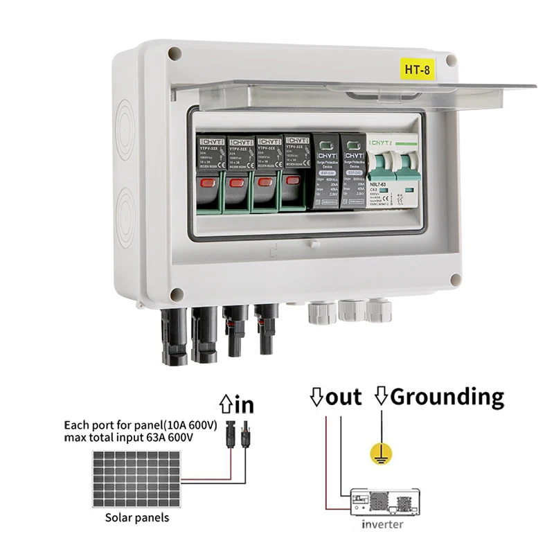 

Free Shipping Solar photovoltaic PV Combiner Box 2 input 1 out DC 600V Protection Waterproof Box Fuse MCB SPD With Lightning
