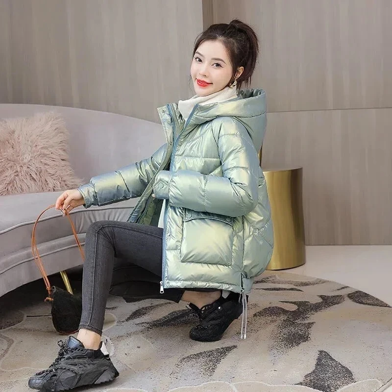 2023 New Women Jacket Winter Glossy Parka Coat Loose Basic Coat Hooded Cotton Padded Female Parkas Student Jackets Outwear