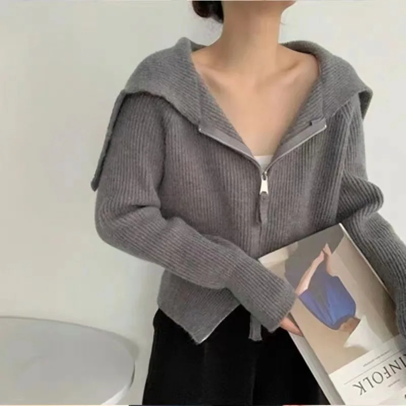 Sueter Mujer Invierno 2024 Korean New Sweater Women Sailor Collar Solid Long Sleeves Knitted Cardigan Fashion Chic Jacket XK236 3