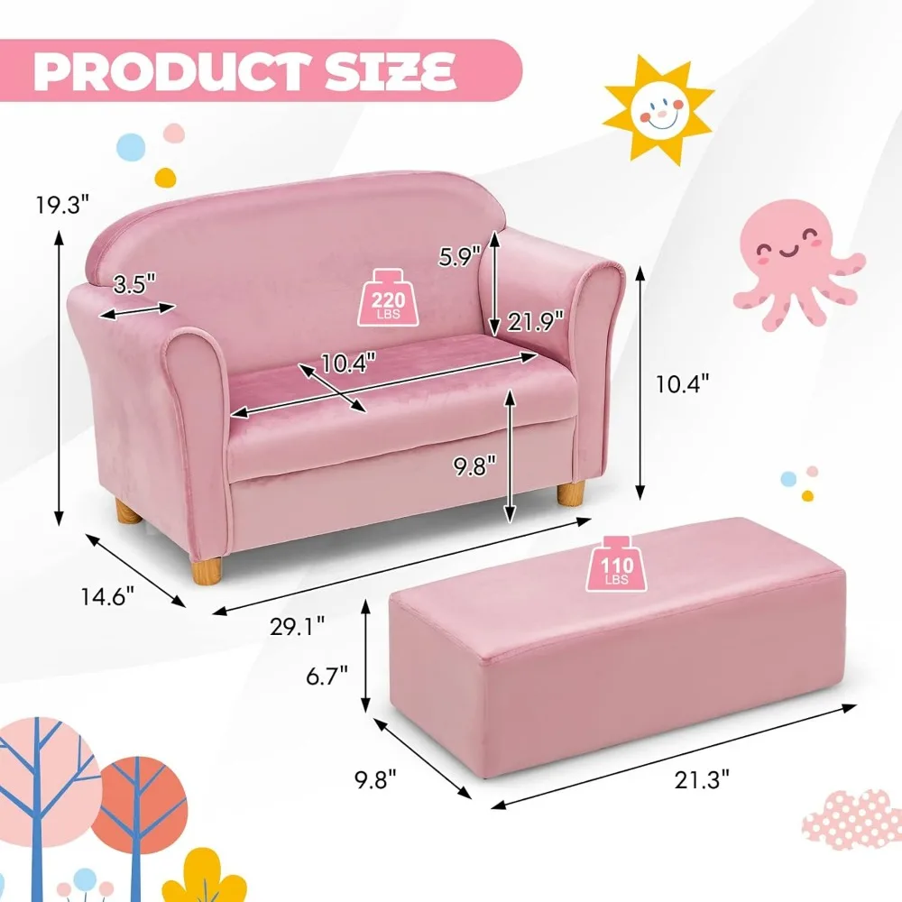 Kids Sofa with Ottoman, 2 Seat Toddler Upholstered Couch, Children Armrest Chair Lounge for Nursery Kindergarten Kids Room 3