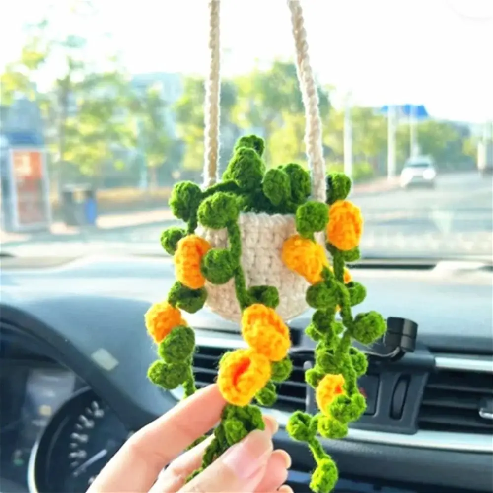Mirror Hanging Handmade Car Decor Car Basket Hanging Plant Crochet Pendant Crochet Potted Pendant Car Potted Plants Pendant