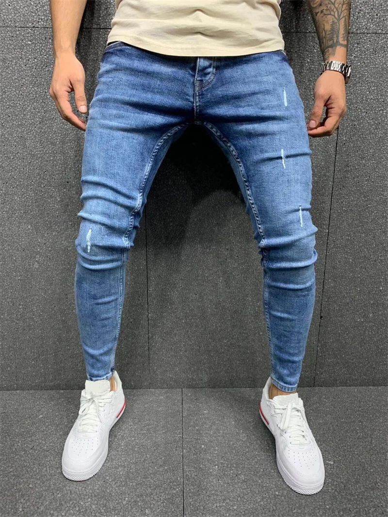 Youth Casual Slim Fit Denim Pants Men's Blue Tight Mid-waist Cotton Pencil Jeans New Cool Four Seasons Solid Color Trousers Male men pencil jeans solid color straight classic denim trousers casual daily for office parties male slim fit cowboy pants