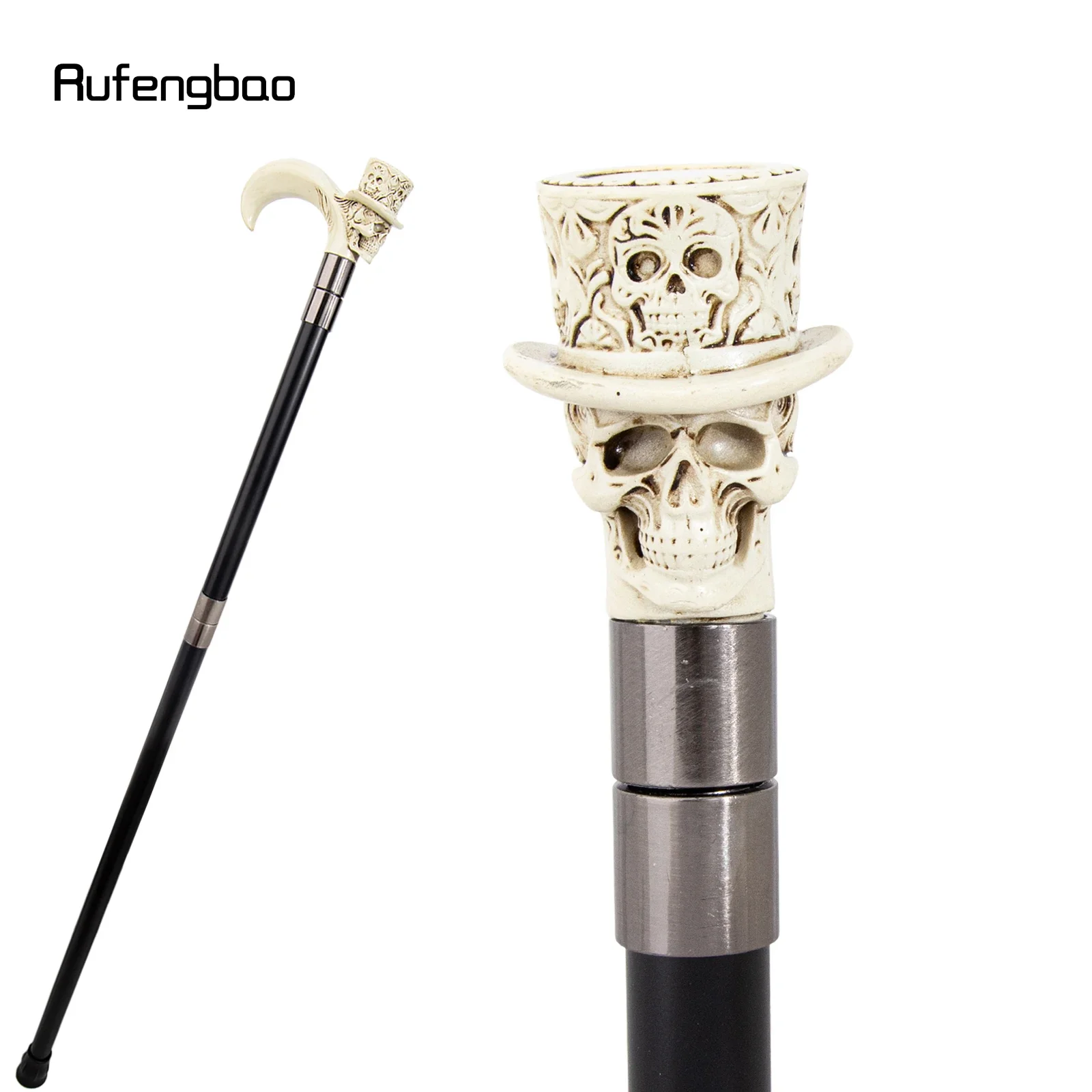 White Hat Skull Head Long Handle Walking Cane Fashion Cane Decorative Cane Halloween for Cosplay Parties Walking Stick 93cm