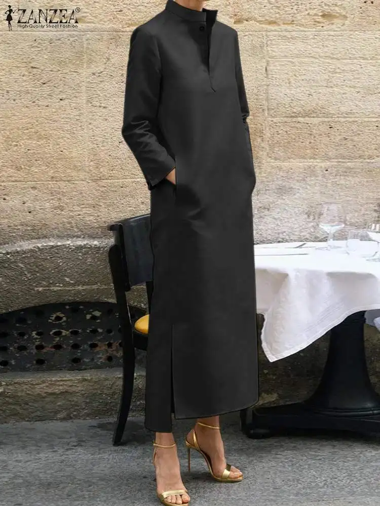 

Платье ZANZEA женское с разрезом на подоле, прямое длинное повседневное свободное Макси-Платье на пуговицах, уличная одежда с воротником-стойкой
