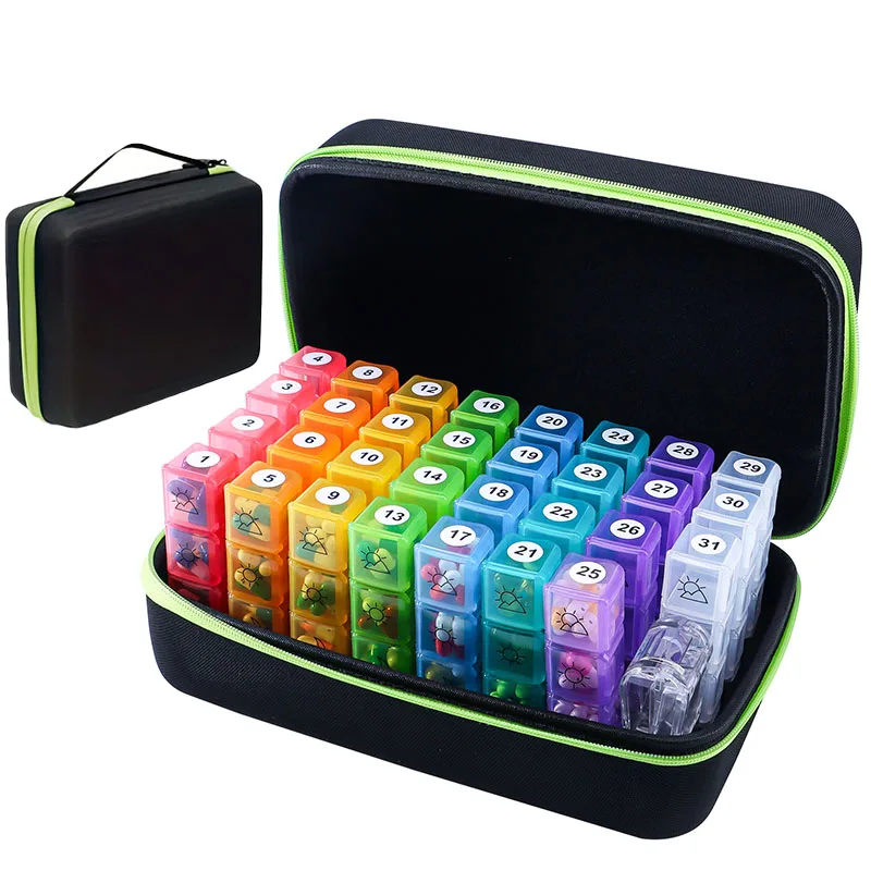 Deluxe Monthly Pill Organizer with 32 Compartments and Durable Travel Case