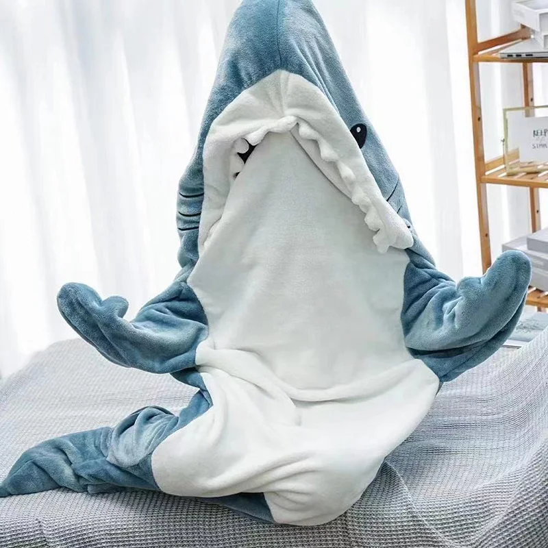 Flannel pajamas cartoon funny shark one-piece office lunch warm sleeping bags plush hoodies fish role-playing costumes