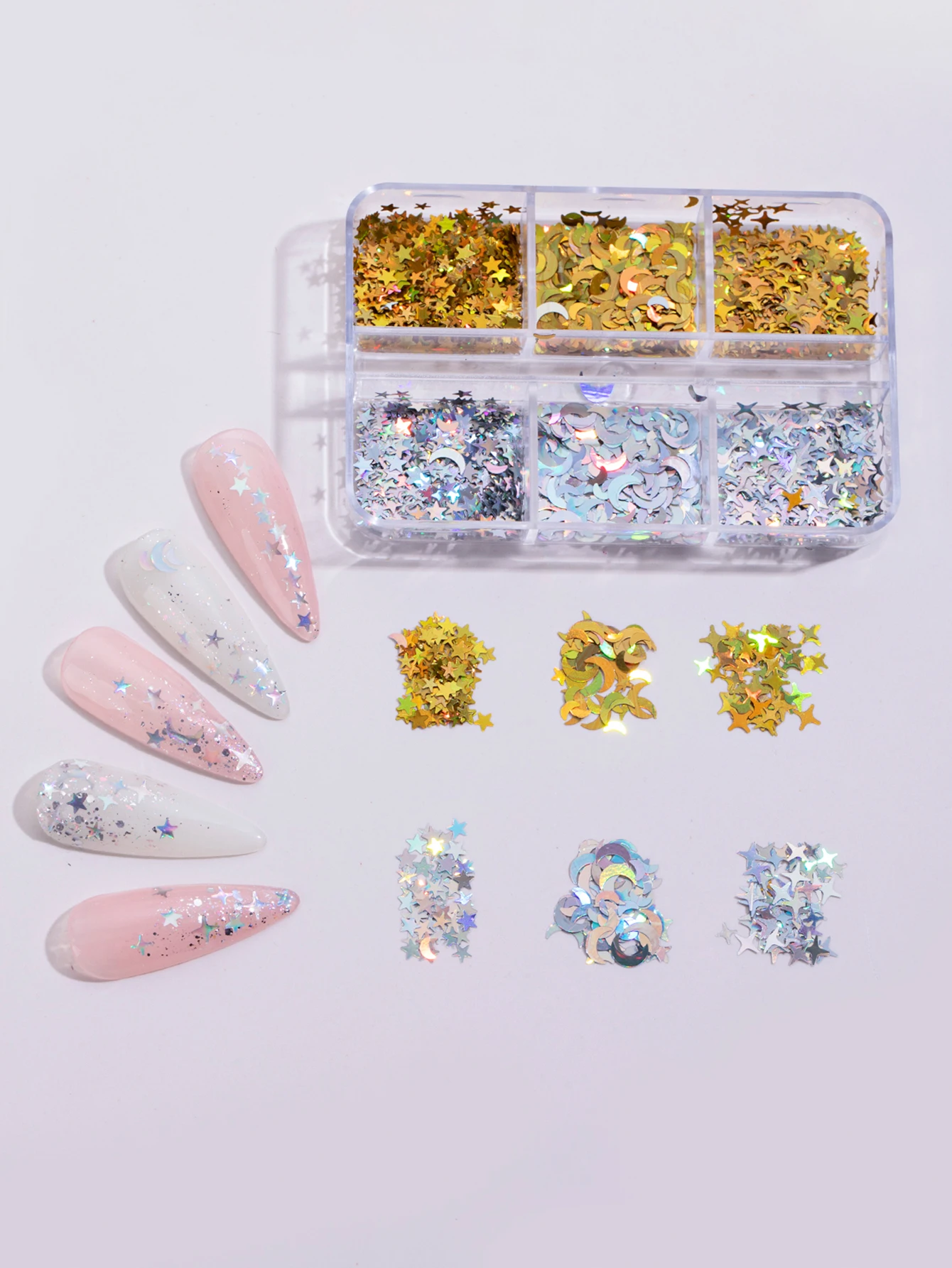 

6 Grids Glitter Star Moon Nail Decoration Eco-Friendly Nail Sequins for DIY Nail Art Decoration Accessories