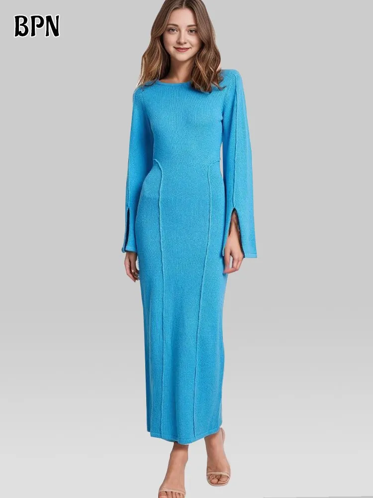 

BPN Minimalist Solid Dresses For Women Round Neck Long Sleeve High Waist Split Slimming Casual Long Dress Female Fashion Clothes