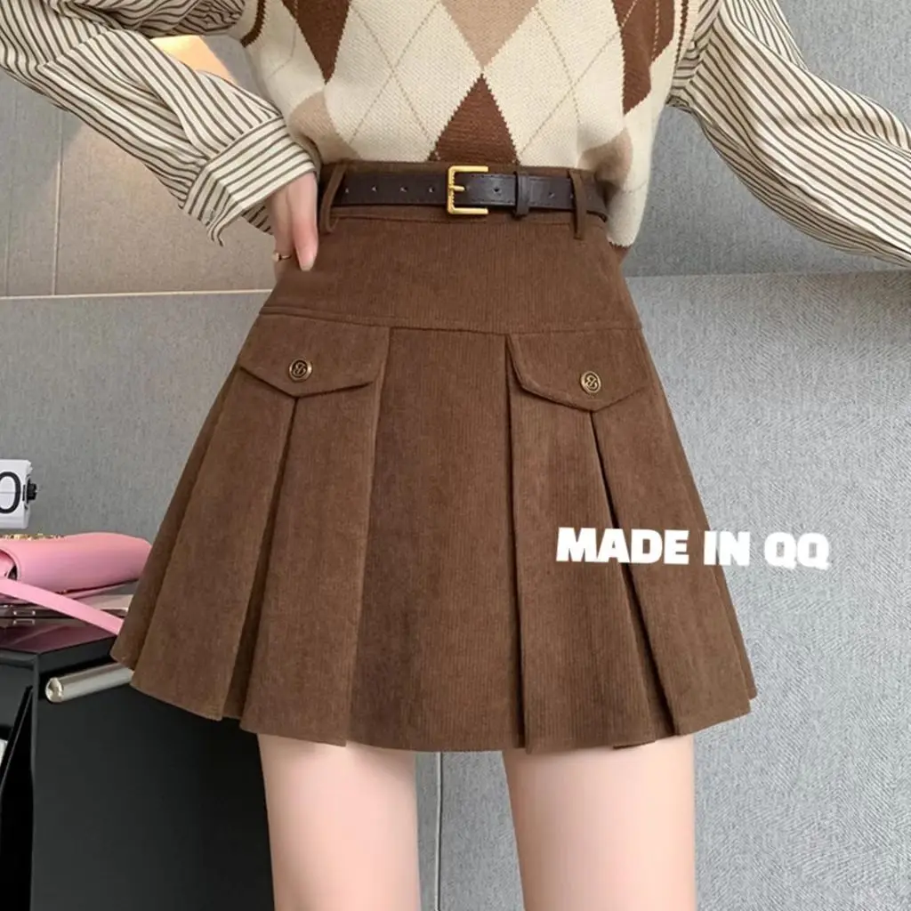 

Winter Women High Waist Corduroy button Pleated Skirt y2k A-line Brown Skirt Japanese School Uniform Mini Skirts for Girls