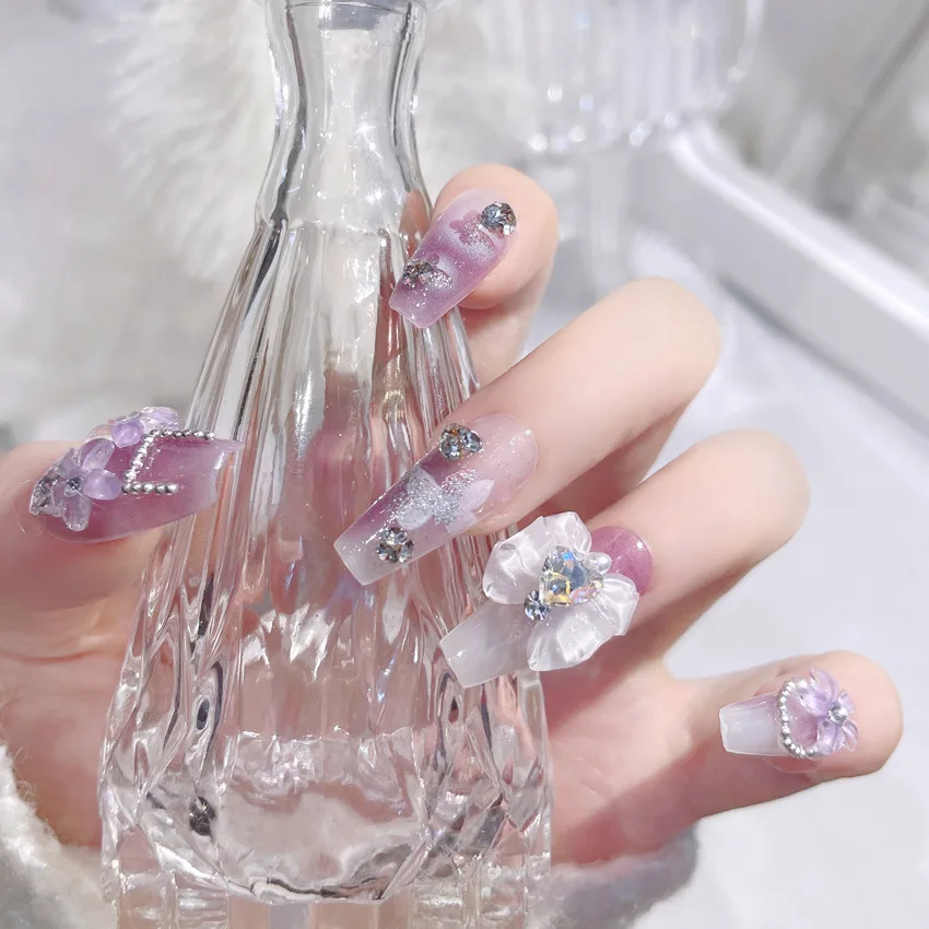Duftender Taro Lila Falsche Nägel 3D Blume Diamant Press On Nail Tips Herz Zirkon Design Harmlose Glatte DIY Fake Nails – Detail 24