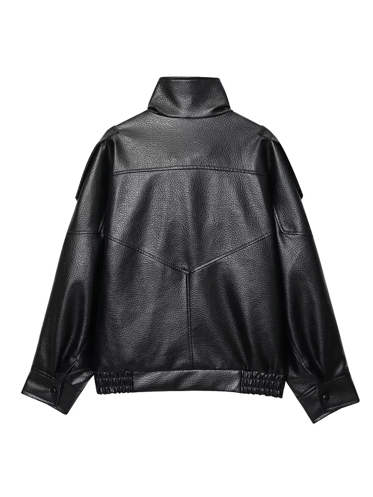  2025 Fall New Women PU Jacket Black Long Sleeve Oversize Faux Leather Zipper Jacket Motorcycle Style Personality Fashion Lady