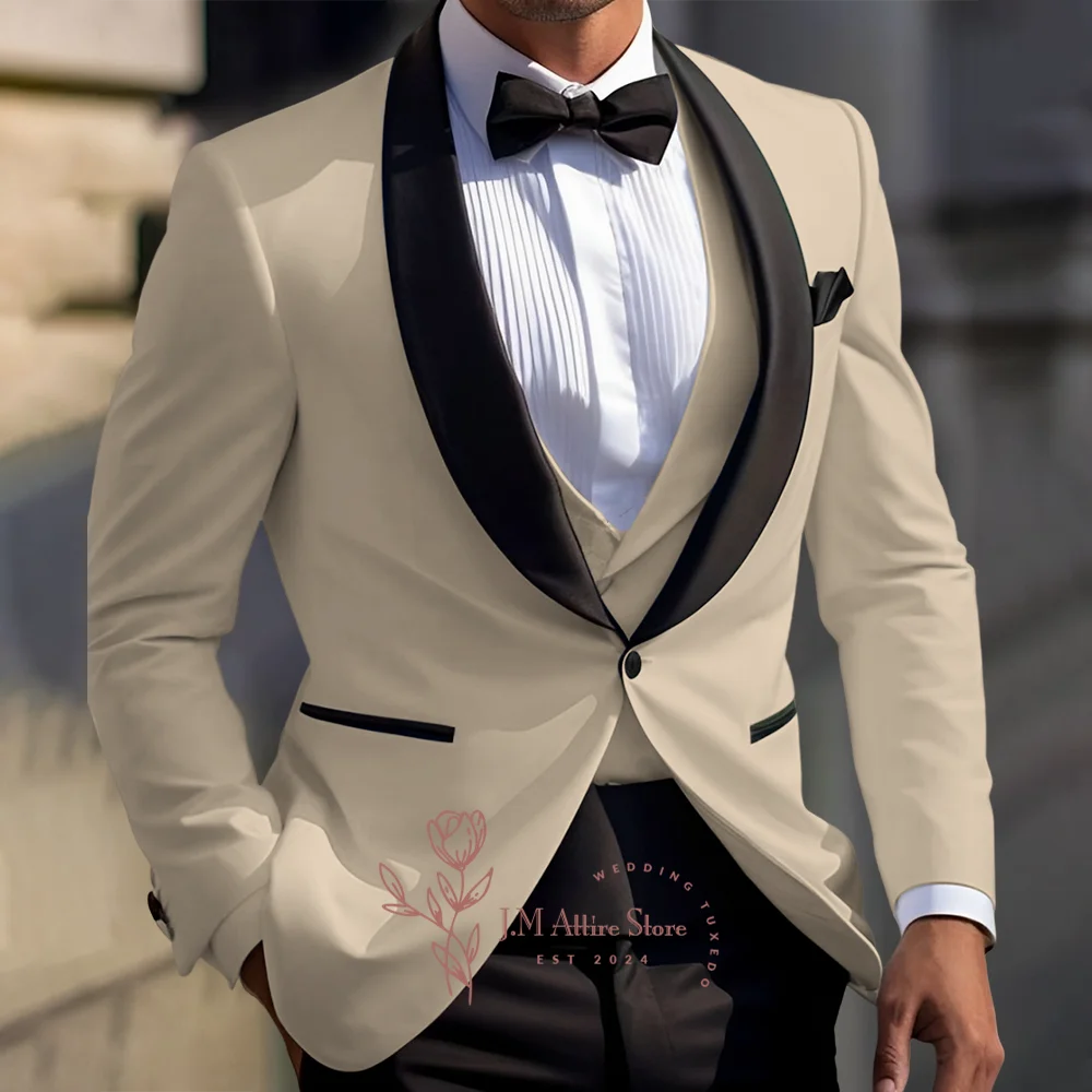 Men's white 3-piece suit jacket vest pants black satin shawl lapel blazer tuxedo for wedding birthday dance Xmas party