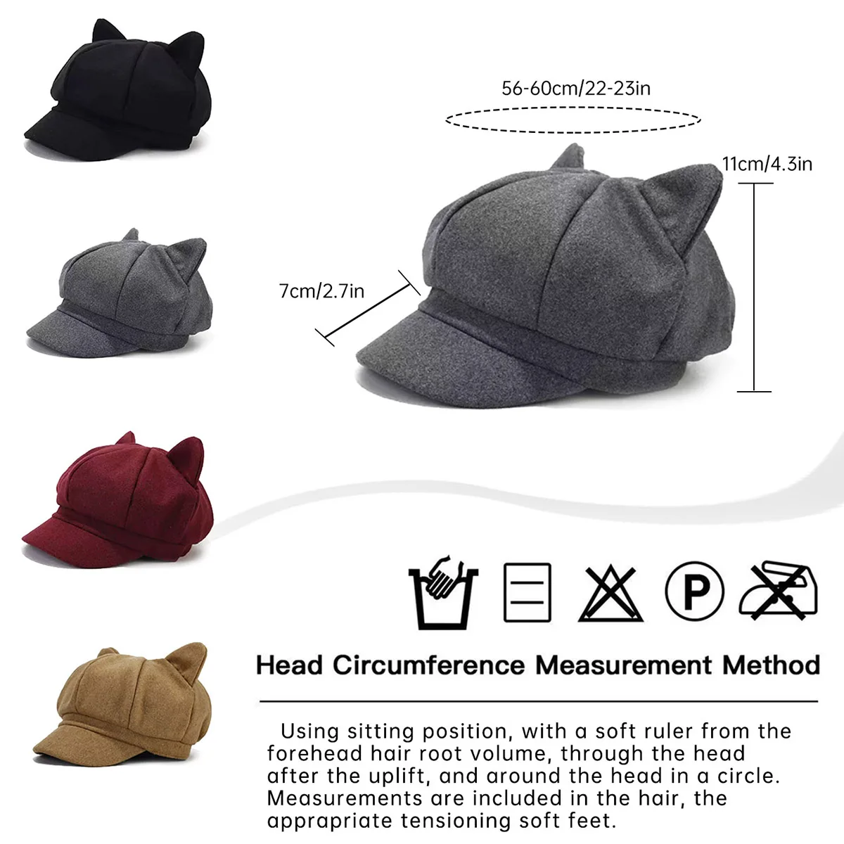 Autumn and Winter New Cute Cat Ear Internet Celebrity Octagonal Hat British Retro Woolen Peaked Cap Solid Color Trendy Painter Hat for Shopping and Students