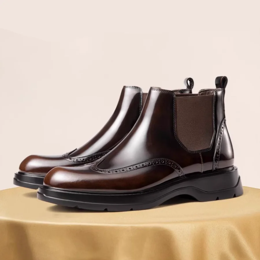 Britische Herren-High-Top-Lederschuhe für Herbst und Winter, Business-Casual-Herrenschuhe, Chelsea-Stiefel mit dicken Sohlen, Vintage-Kurzstiefel – Detail 1
