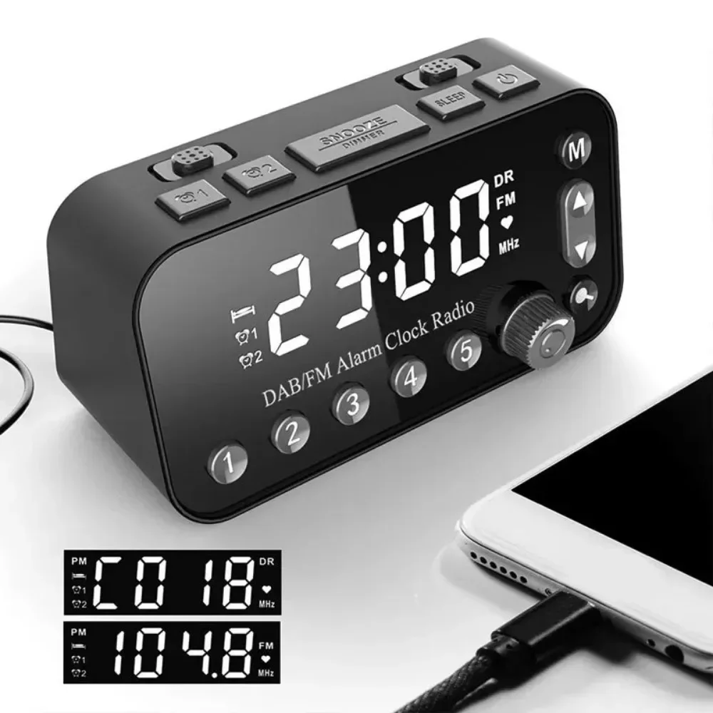 

Портативное цифровое радио-вещание, телефон с антенной, радио-приемник, Настольный будильник, двойной порт USB для зарядки, DAB FM AM радио