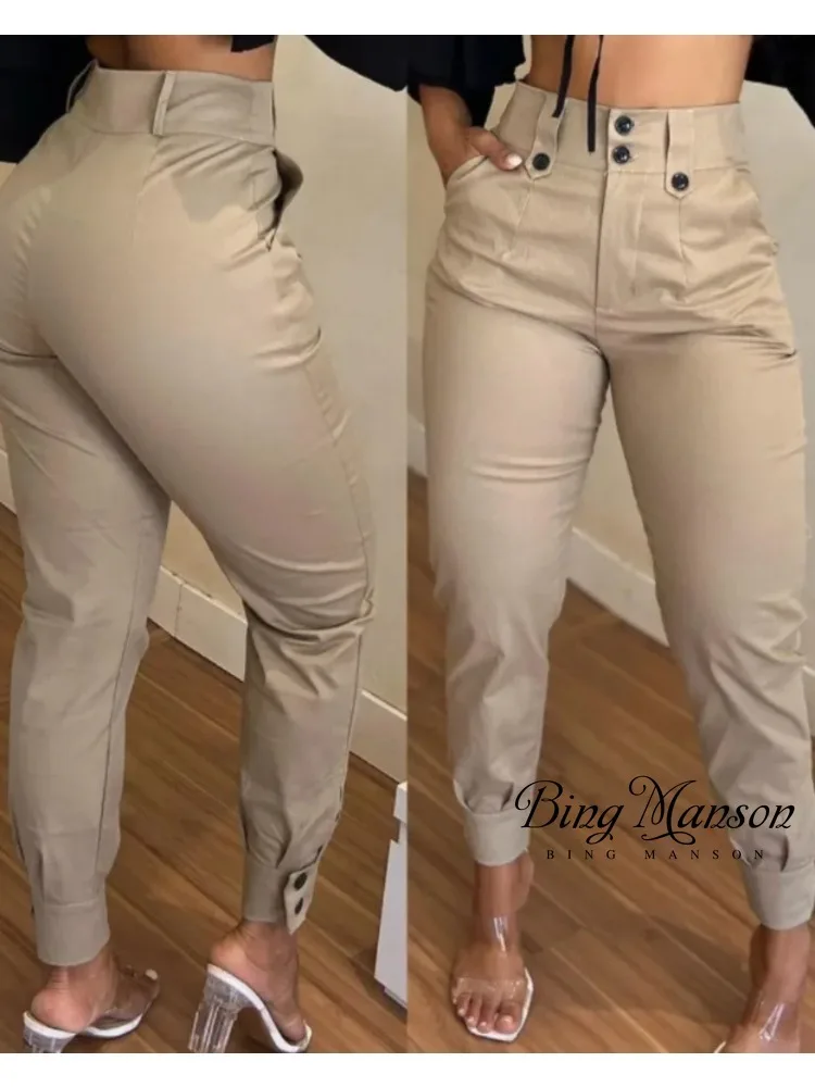 

2023 Autumn New Women's Trousers Fashion High Waist Button Pocket Design Leggings Cargo Pants Women's Casual Pants