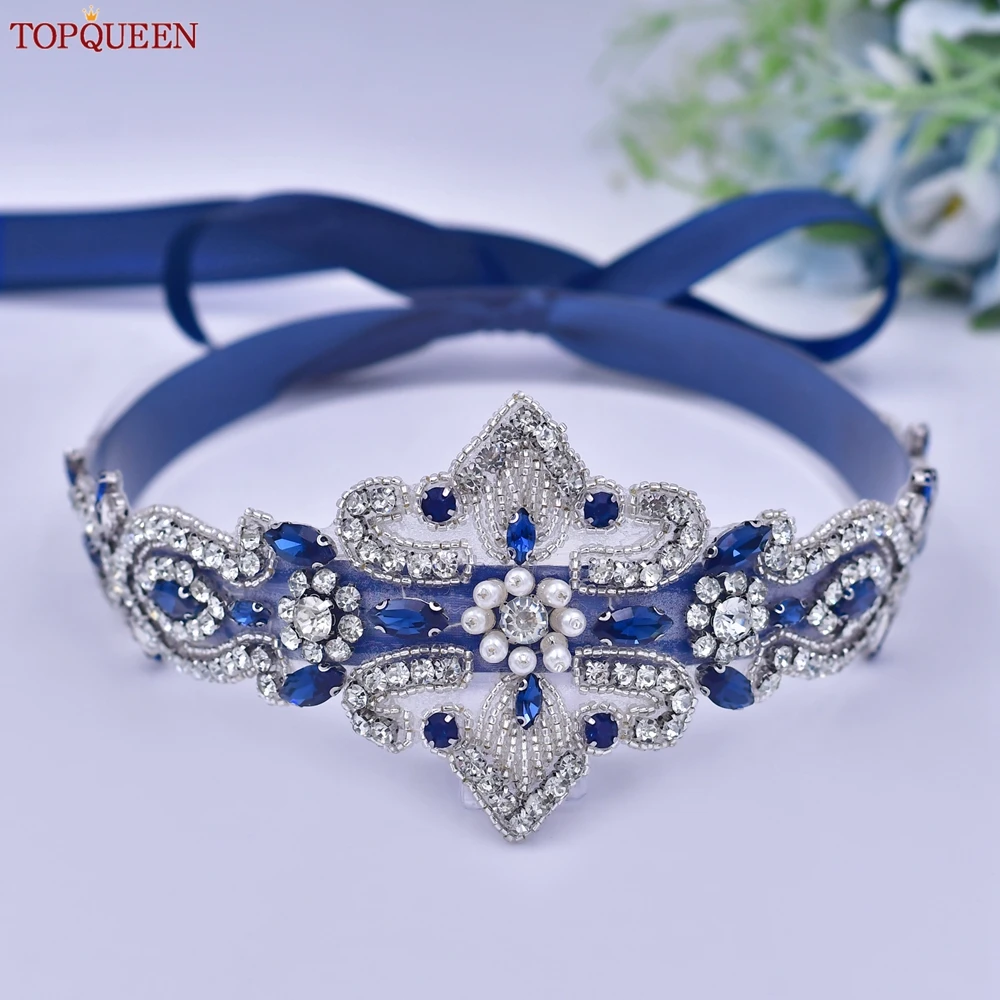 TOPQUEEN Bridal Belt Sash Blue Diamond Belt Momen Dress Waist Decoration Wedding Accessories Jewelry Applique S245-ML