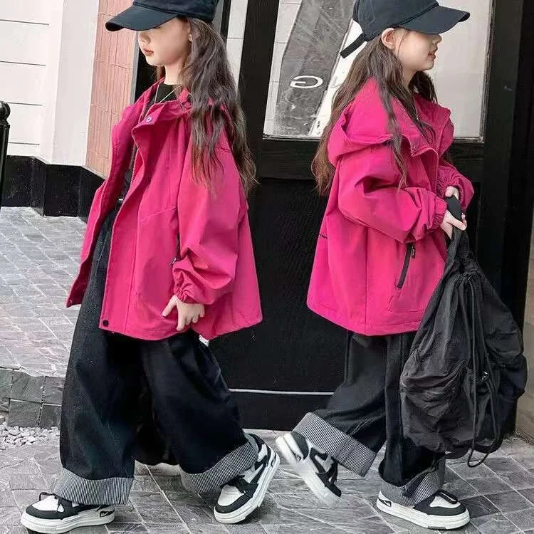 봄 패션 소녀 재킷 후드 스포츠 탑 어린 소녀용 폴리에스터 섬유 한국 스타일 아동용 외투