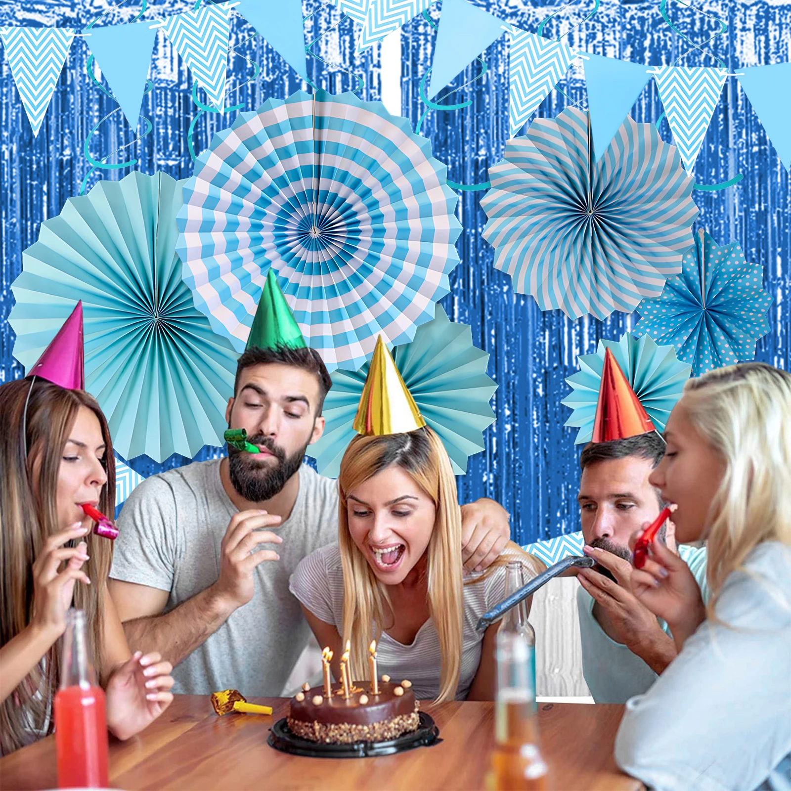 

15pcs Set 15 7inch Blue Paper Card For Birthday Party Paper Fans Decoration Paper Flowers Paper Fans Decoration