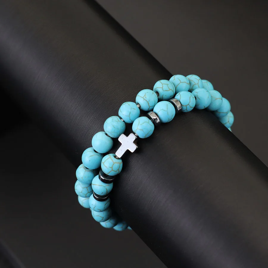Men Wooden Cross Hematite Healing Beaded Wrap Bracelet Set