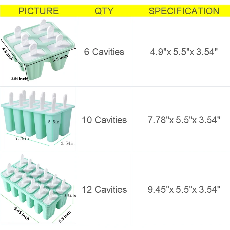 Description Picture 6 of item12-6 Cavities Silicone Popsicle Molds Easy Release Ice Cream Makers with  Reusable Stick & Funnel & Cleaning Brush,BPA FREE
