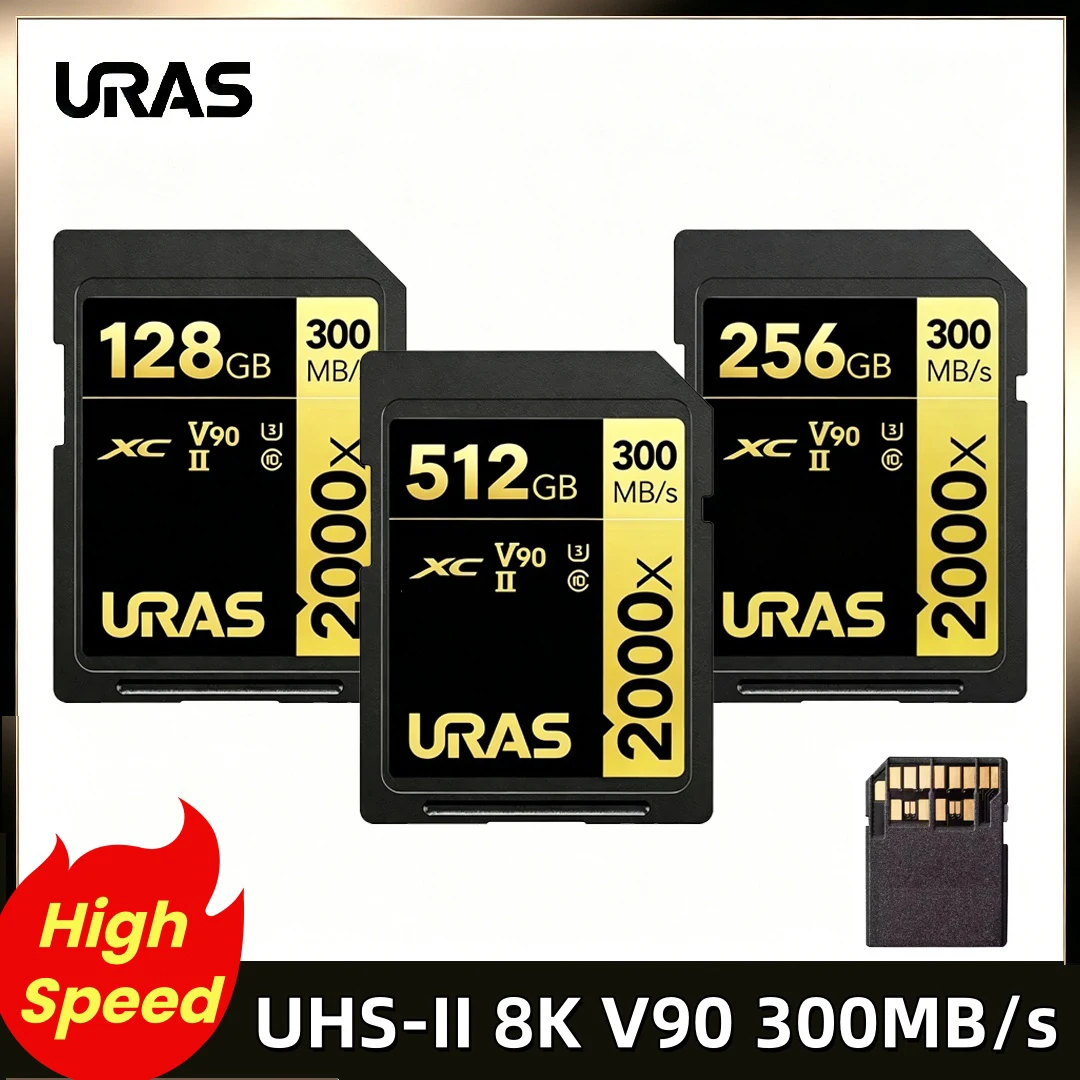 고속 2000x SD 메모리 카드 512GB 256GB 128GB 64GB UHS-II C10 U3 V90 SDXC 카드 풀 HD 8K 비디오 최대 300MB/s 카메라용
