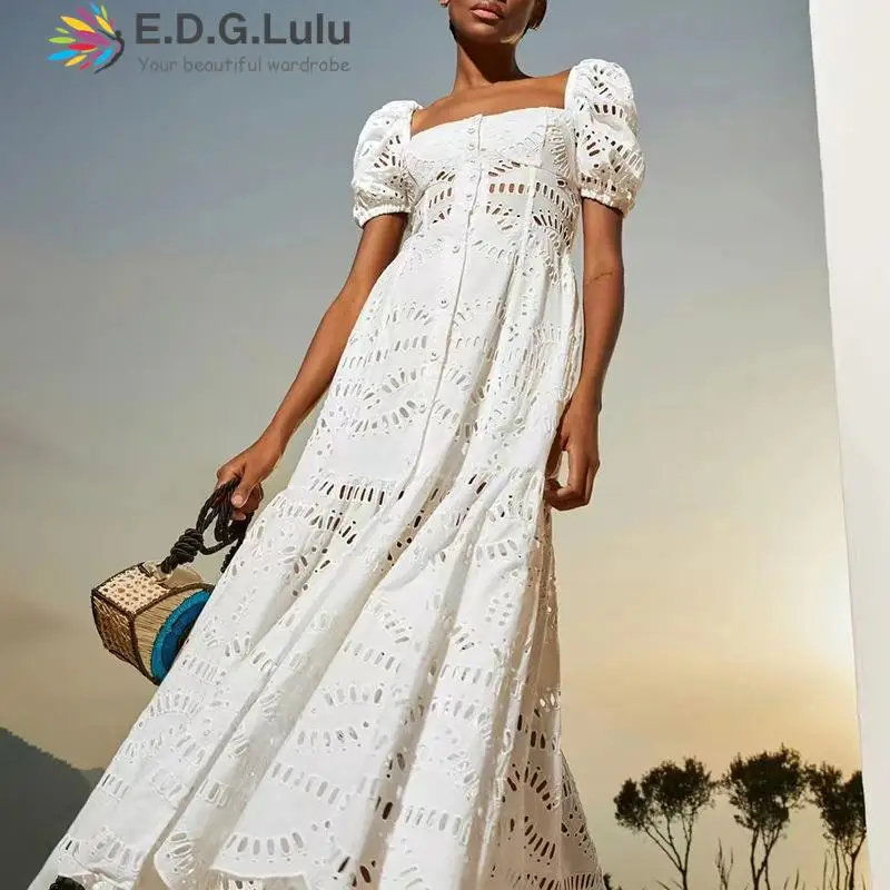 

EDGLuLu Women V-Neck Puff Sleeve Loose Long Dresses For Women 2024 Hollow Embroidered Floral Lace Ruffle Long Dress 1223