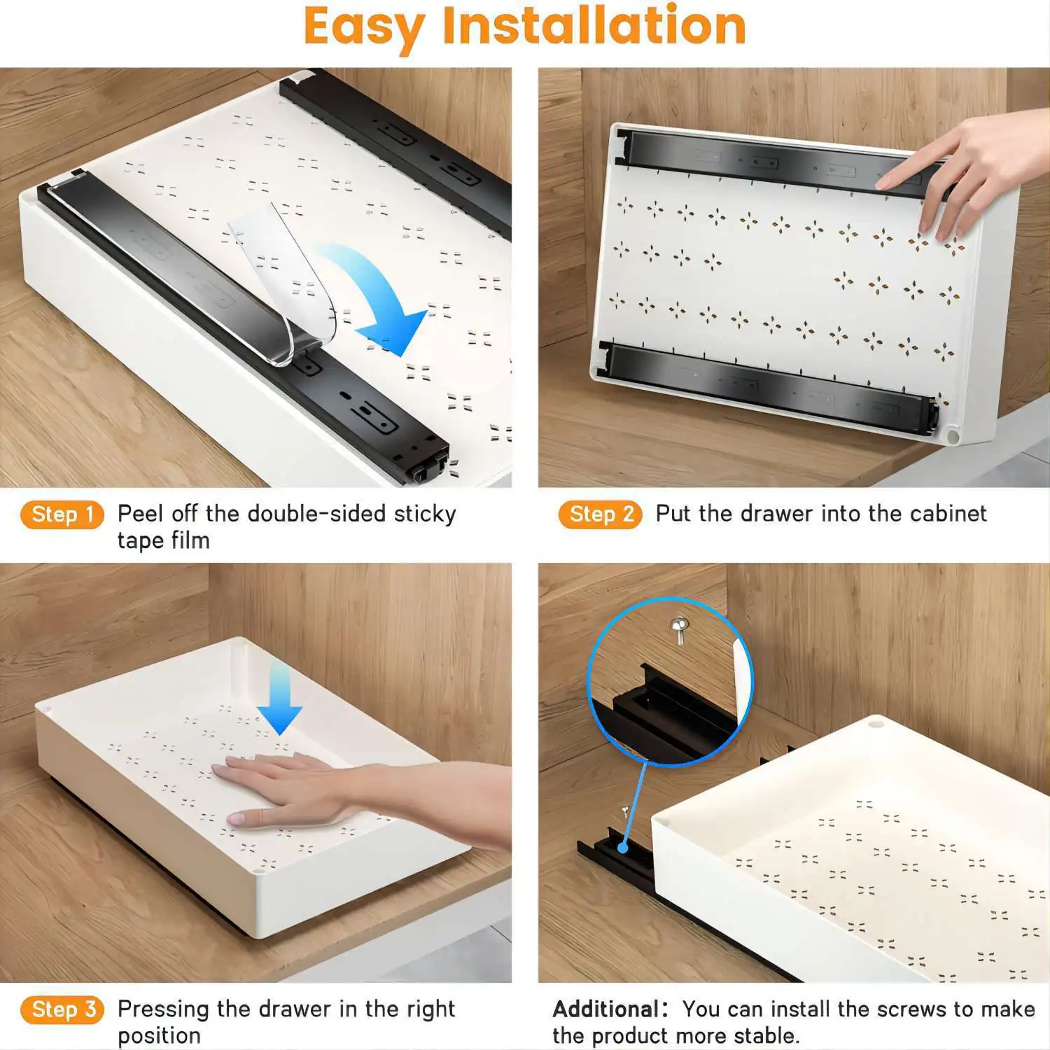 3pcs/set Pull out Cabinet Organizer 21" Deep Heavy Duty  Slide out Drawers for Kitchen Cabinets with Adhesive 1 Pack Adjustable 4